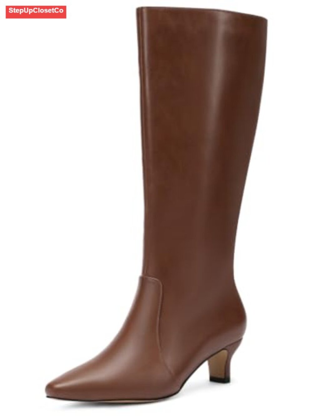 Wide Calf Knee High Boots Kitten Heel Pointed Toe Faux Leather